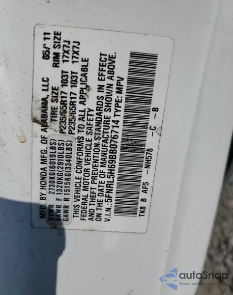 2011 Honda Odyssey Exl from USA, damaged, VIN 5FNRL5H69BB076714